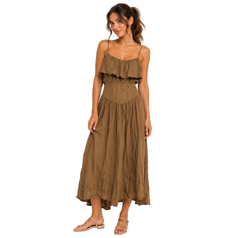 SHEIN Brown Ruffle Corset Waist Maxi Dress Earthy Boho Sleeveless Large